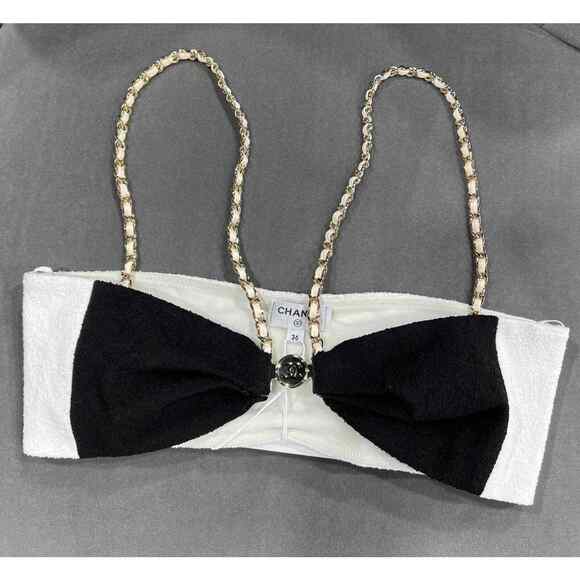Chanel 22S Runway Black White Gold Chain CC Logo Stretch Cotton Crepe Top Bra 36 - Picture 2 of 12